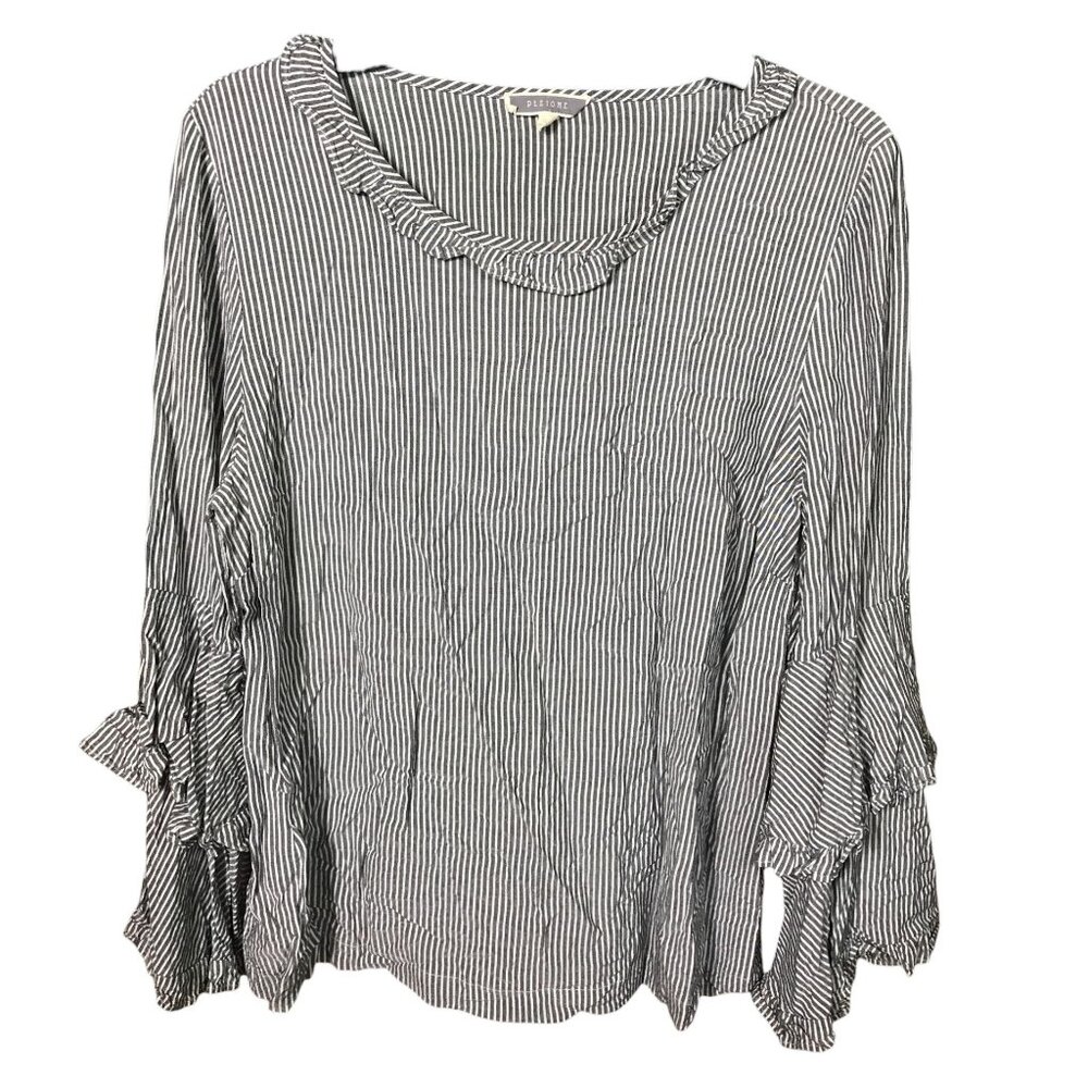 Pleione Gray White stripe scope Neck 3/4 length sleeves Women's M‎